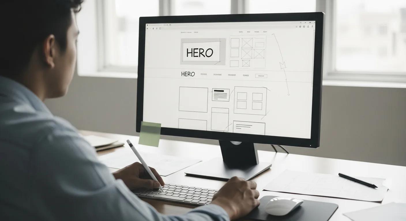 A web designer sketching the wireframe of a business website on a large monitor