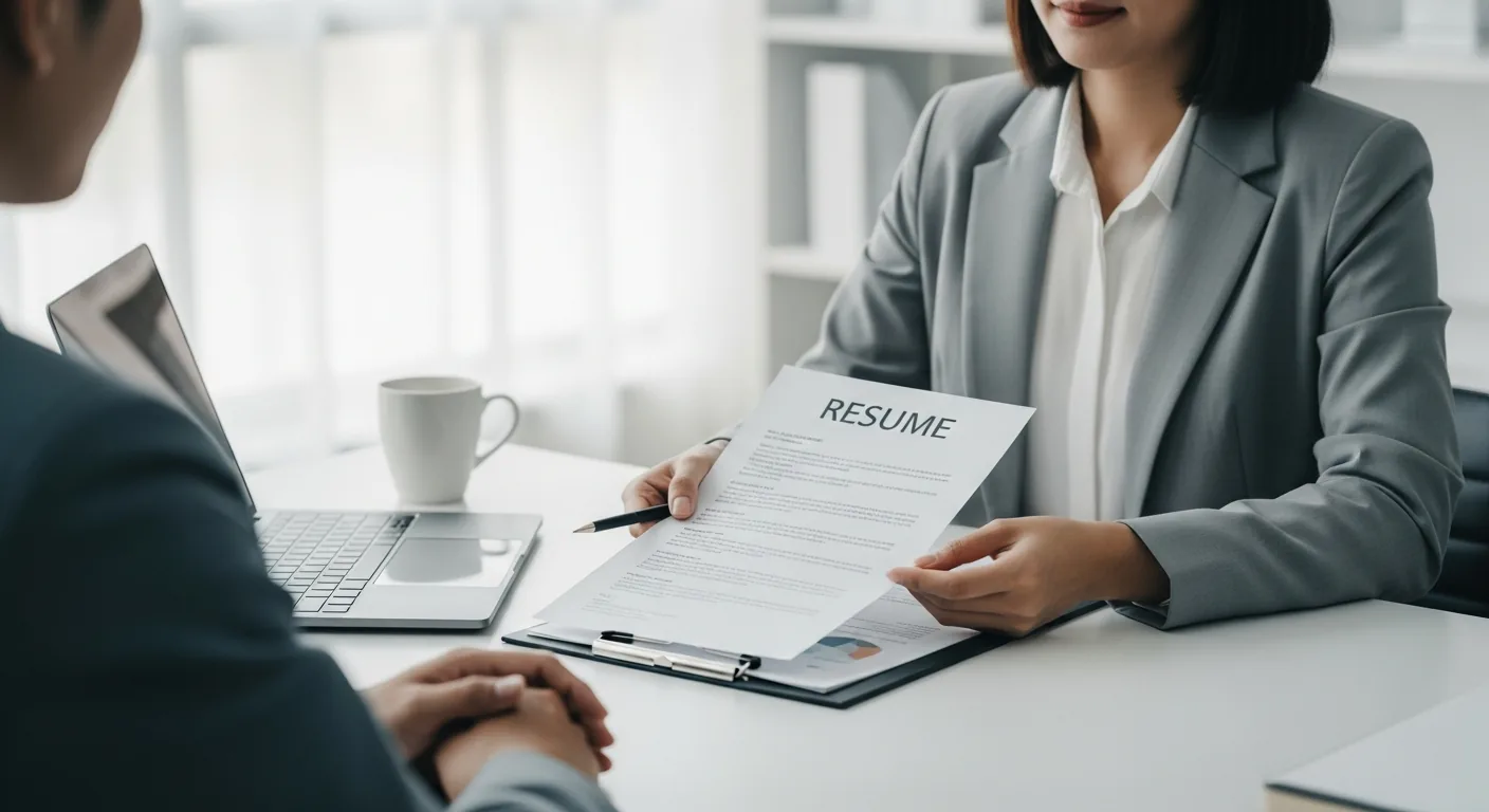 Une gestionnaire examine le CV d'un candidat lors d'une entrevue d'embauche dans un bureau lumineux