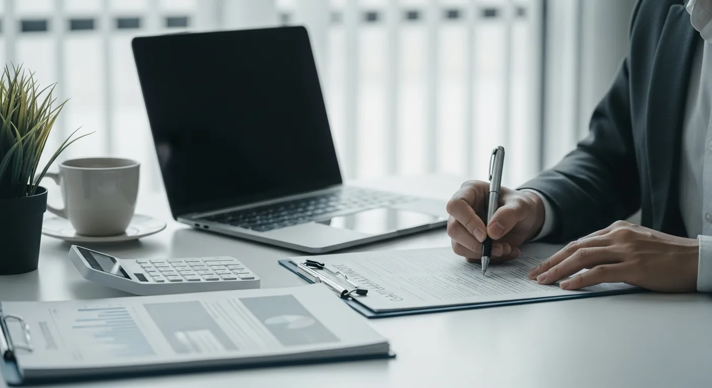 Gros plan sur des mains remplissant un formulaire de demande de financement, avec calculatrice et ordinateur portable